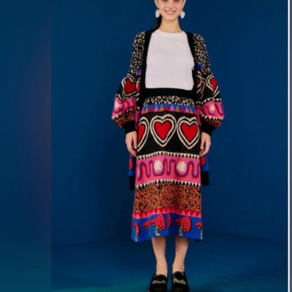 Farm Rio Hearts Mushrooms Leopard Knit A-Line Skirt Multicolor XL 302198 - Picture 11 of 12